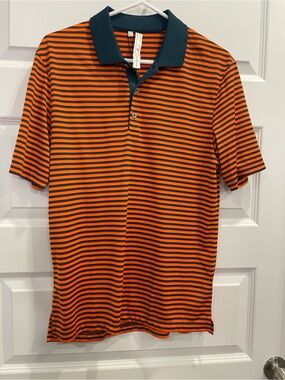 Adidas Orange and Black Striped Polo Shirt